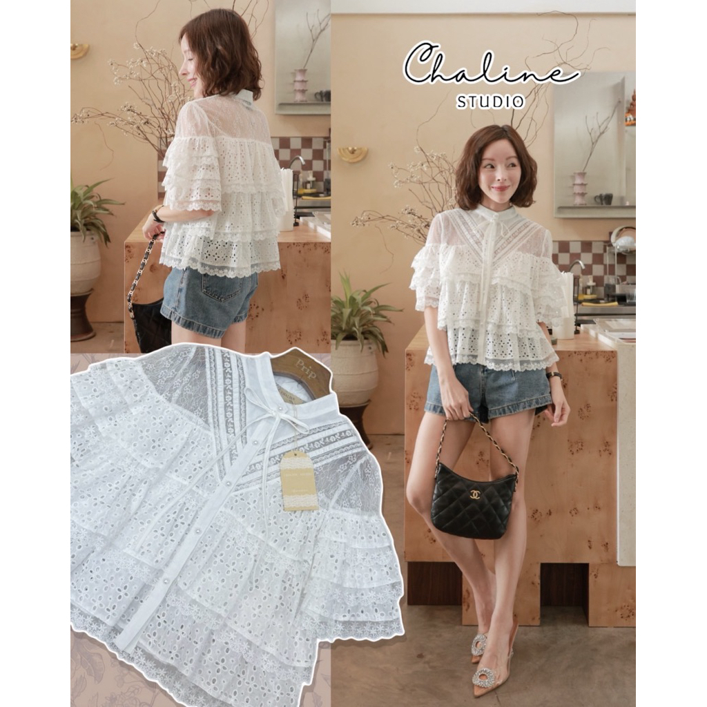Chaline เสื้อระบายลูกไม้ชั้น แต่งคอโบว์น่ารัก เนื้อผ้าลูกไม้