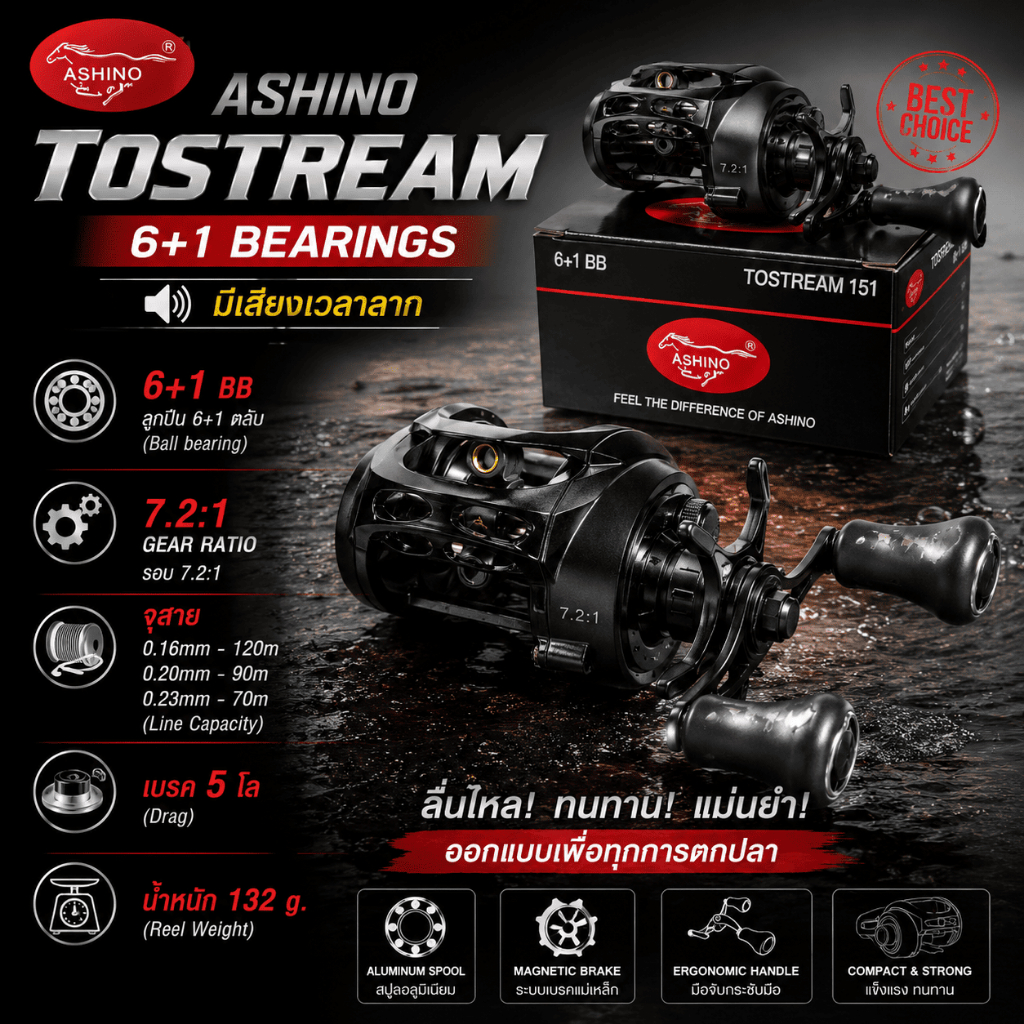[ ของแท้ ] รอกหยดน้ำ Ashino Tostream 6+1BB รอบ 7.2:1 เบรค 5kg น้ำหนัก 132g รอกเบท มีเสียงเวลาลาก