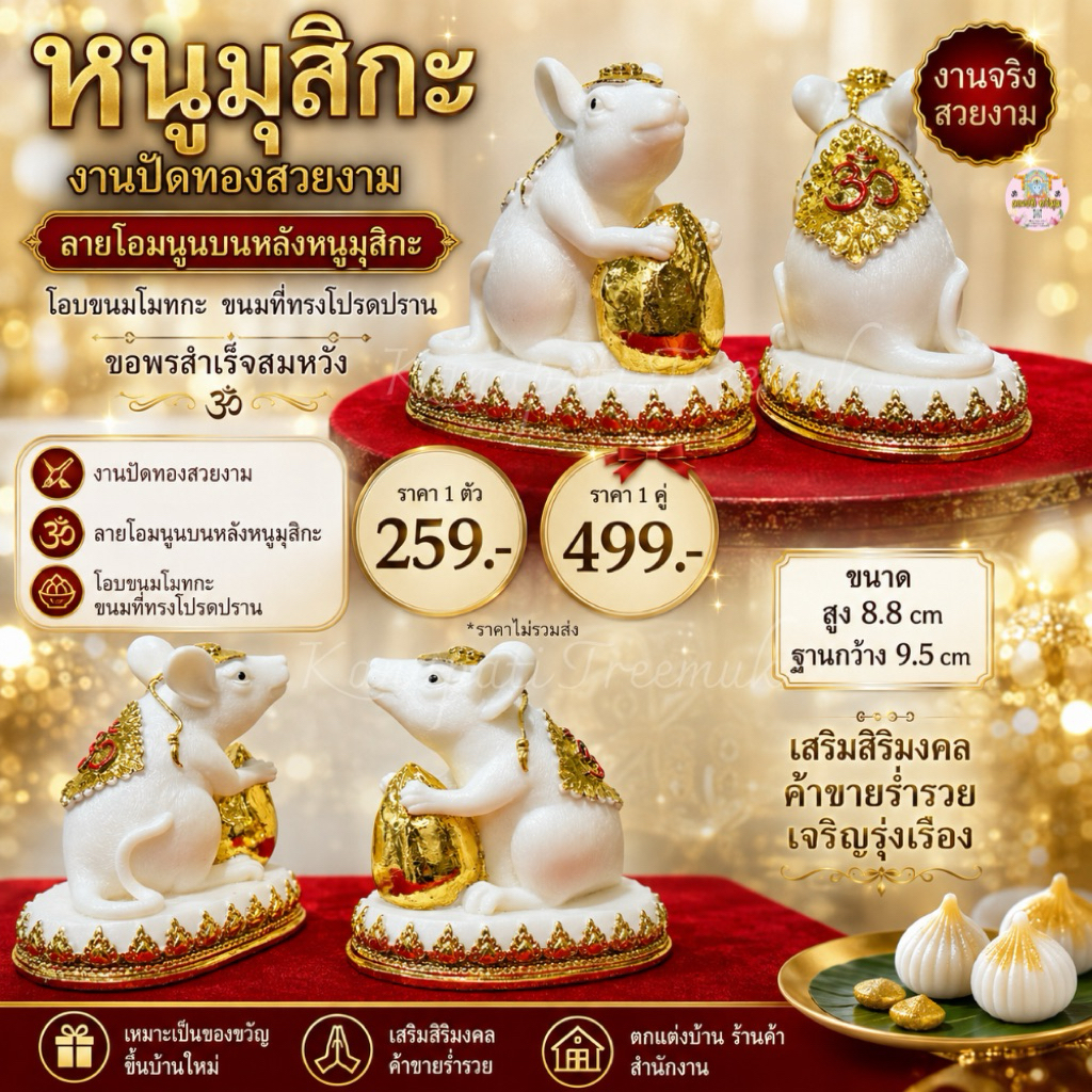 หนูมุสิกะ งานปัดทองสวยงาม ลายโอมนูนบนหลังหนูมุสิกะ โอบขนมโมทกะ  ขนมที่ทรงโปรดปราน งานจริงสวยงาม🕉 หนูมุสิกะถวายพระพิฆเนศ