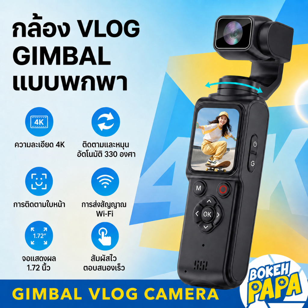 กล้อง Vlog ติดตามใบหน้าอัตโนมัติ handheld camera 4K Ultra hd WiFi กล้องกิมบอล Gimbal Vlog / Gimbal p