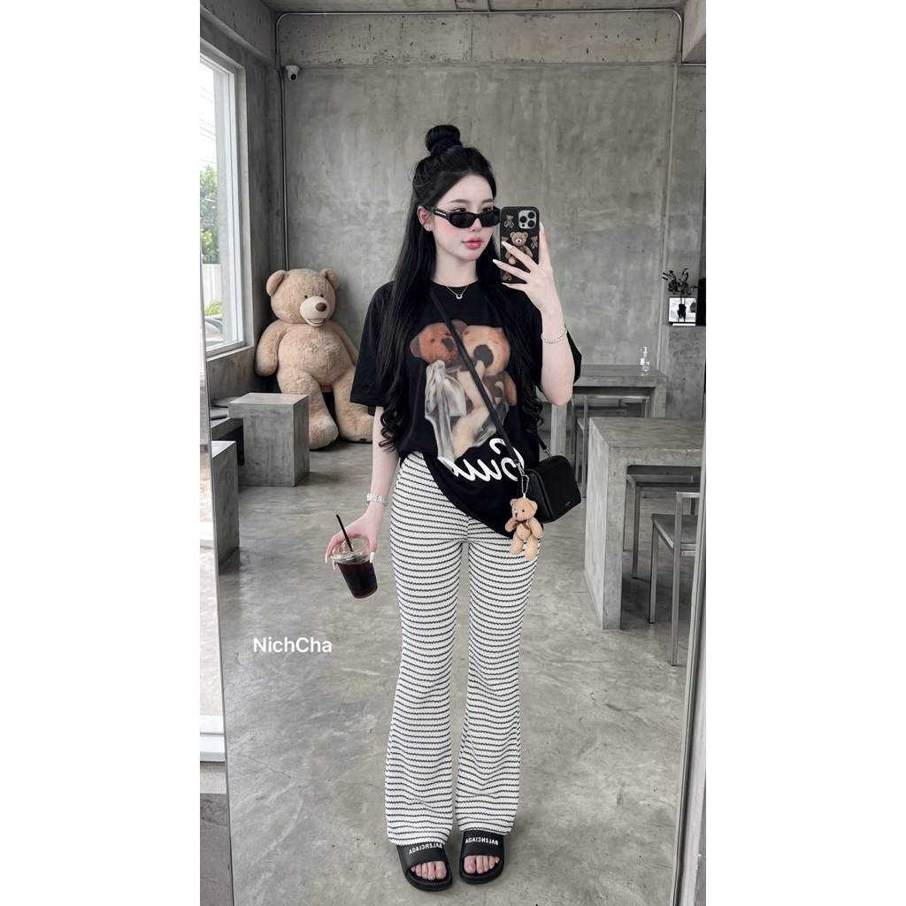 Phapassz - Set 2 ชิ้น เสื้อยืดโอเวอร์ไซส์ ผ้าcottonลายน้องหมี เนื้อกลาง พร้อมกางเกงขาม้ามีกระเป๋าสองข้าง #Nicha