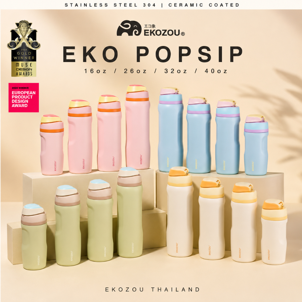 EKOZOU รุ่น EKO POPSIP ขวดน้ำสแตนเลส 304 เคลือบเซรามิก เก็บอุณหภูมิร้อน-เย็น มีหลอดดูดในตัว