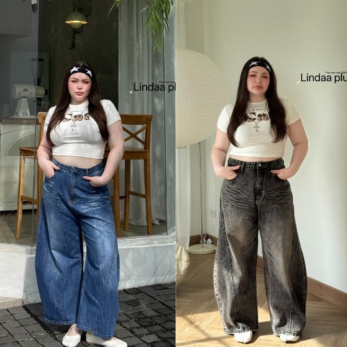 Lindaa Jeans - ยีนส์ทรงบอลลูน พรางหุ่นเป๊ะ เอวสูงเก็บทรง เอว 34-46 นิ้ว กางเกงยีนส์ไซส์ใหญ่