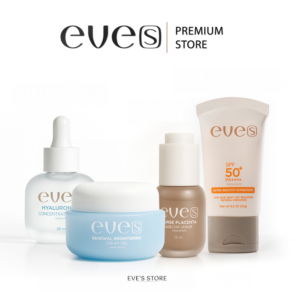 EVE'S เซต ผิวหน้าเนียนนุ่ม กระจ่างใส ขีดสุด เซรั่มรกม้า เซรั่มไฮยา ครีมเจลอีฟส์ กันแดดอีฟส์ รอยสิว ฝ้า กระ คนท้องใช้ได้