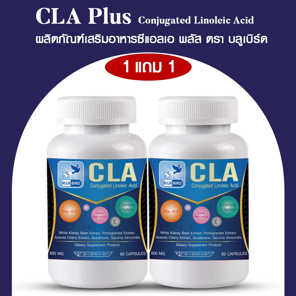 [1แถม1] ซีแอลเอ CLA Conjugated Linoleic Acid Plus L-carnitine ตรา บลูเบิร์ด ขนาด 600 มก. 60 เม็ด
