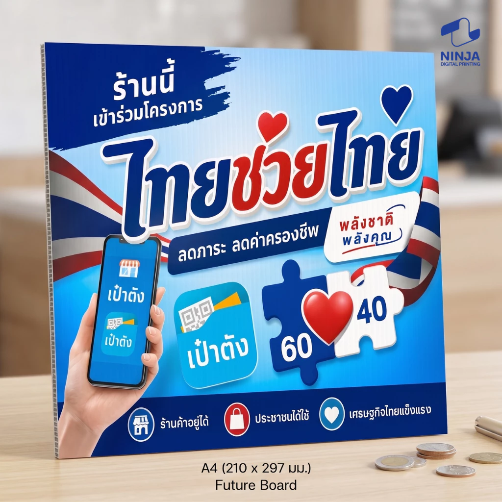 ป้ายฟิวเจอร์บอร์ด 5mm. คนละครึ่งพลัสขนาด A4 A3ป้ายร้านค้าไทยช่วยไทย thumbnail 3
