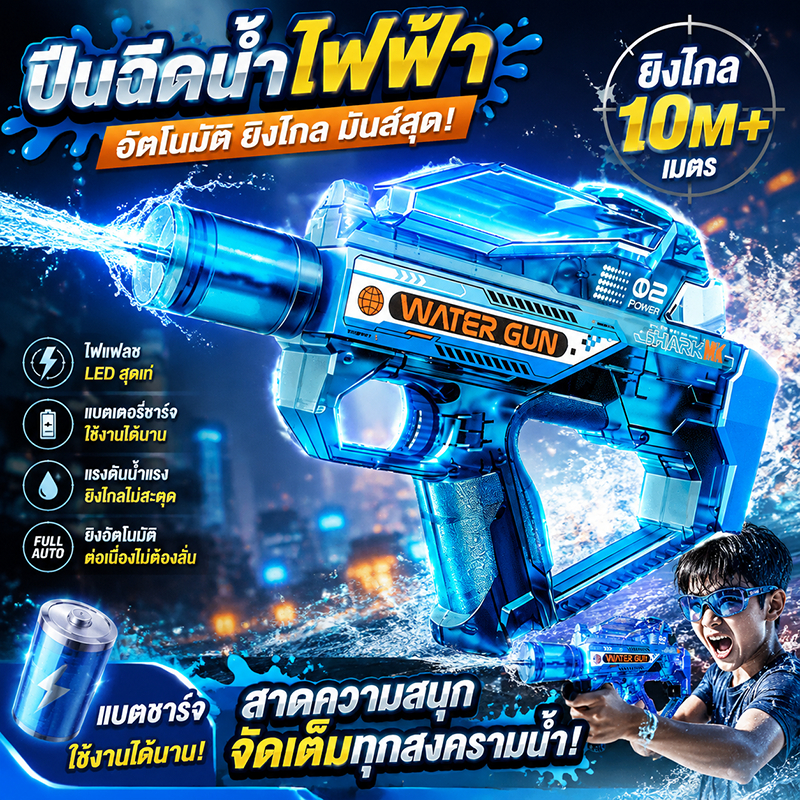 【ITB】ปืนฉีดน้ำรุ่นใหม่🔫 อฟเฟกต์ไฟกระพริบ สุดเจ๋ง ใช้งานได้ยาวนานเป็นพิเศษ ชาร์จได้ ของเล่นเด็กฤดูร้อน