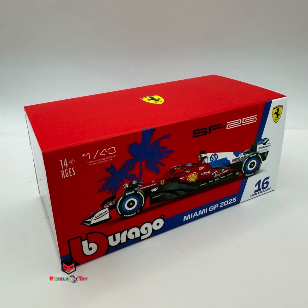 Burago Model Car สเกล 1:43 F1 Ferrari Sf25 เบอร์ 16 Charles Leclerc Miami GP 2025 โมเดลรถโลหะ