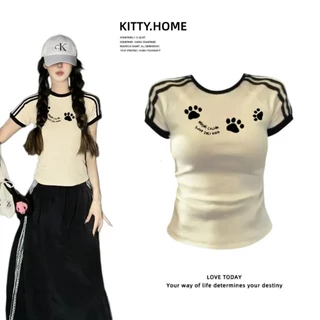 COD พร้อมส่ง เสื้อยืดฤดูร้อนผู้หญิง ดีไซน์ลายริ้วสีตัดกัน สไตล์วินเทจเกาหลี ทรงสวยเข้าทุกชุด ขายดี