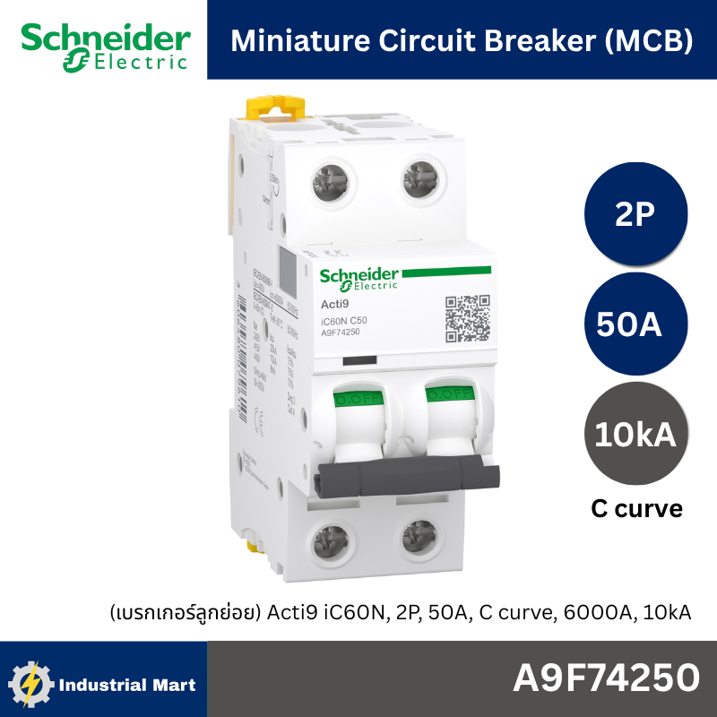 Schneider A9F74250 MCB Acti9 iC60N C-Curve,400VAC,2P 50A 10kA