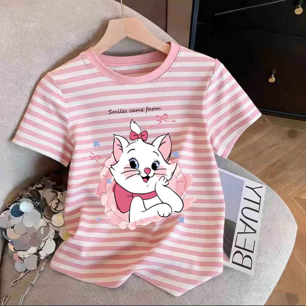 เสื้อยืดคอกลมลายทางสำหรับผู้หญิง สไตล์ฤดูร้อน เสื้อผู้หญิง ลวดลายน่ารัก มี 11 สี ขนาด M-3XL สไตล์สตรีท