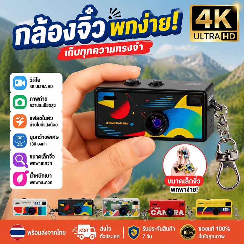 กล้องคีย์เชน Retro Thumb Camera 4K กล้องถ่ายภาพสำหรับท่องเที่ยว 0.96 หน้าจอ Portable กล้องดิจิตอลมินิ กล้องของขวัญน่ารัก