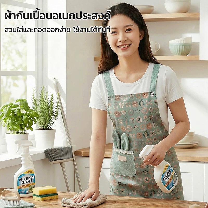 ผ้ากันเปื้อนมัลติฟังก์ชัน ไร้แขวน ลายดอกไม้หูกระต่ายเข็มขัดยาวปรับได้ทนทานซักง่ายมีกระเป๋าเก็บสินค้า
