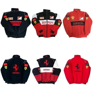 【พร้อมส่งไทย】F1 Ferrari แจ็คเก็ต ลำลอง อเมริกันย้อนยุค ปักลาย เสื้อแข่งรถ กันลม แบบมีซิป สําหรับผู้ชายผู้หญิง