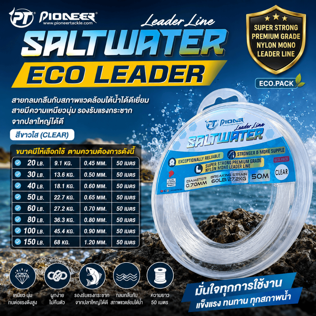 [ ของแท้ ]  สายช๊อคลีดเดอร์ สายหน้า ไพโอเนียร์ PIONEER SALTWATER ECO LEADER ยาว 50 เมตร Fishing Line