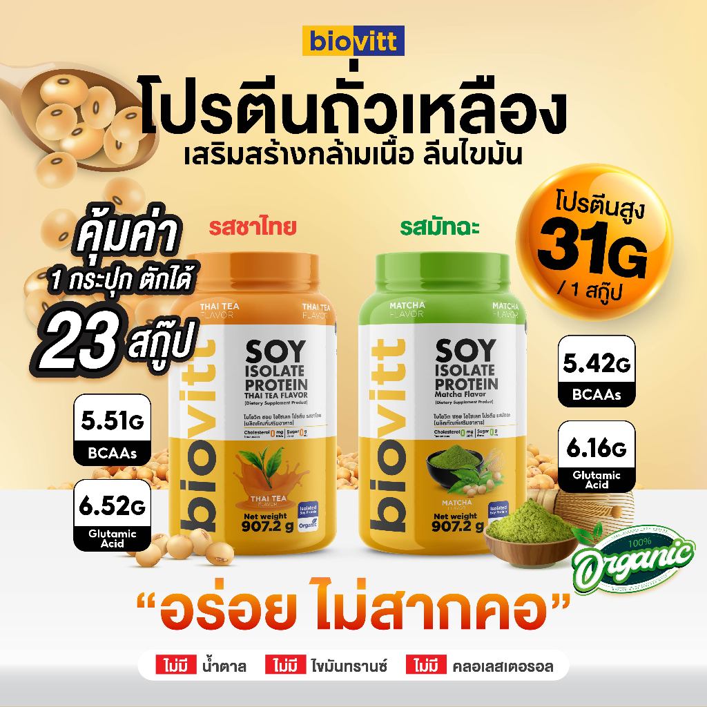[รสชาติขายดี] Biovitt Soy Isolate Protein ซอยโปรตีน ไอโซเลท โปรตีนถั่วเหลือง รสมัทฉะ/ชาไทย  907.2 กรัม