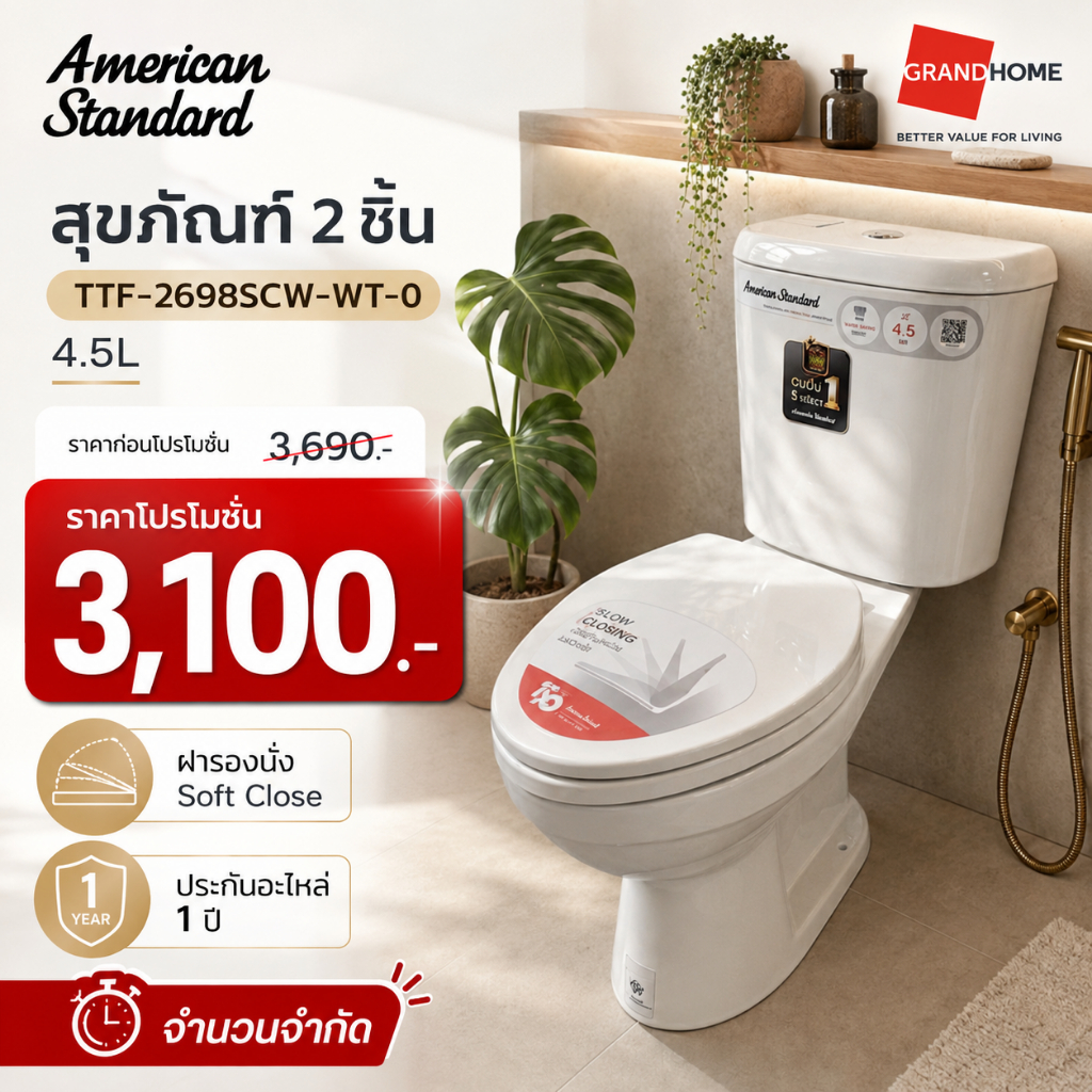 💥ของแท้..พร้อมส่ง💥 AMERICAN STANDARD สุขภัณฑ์ 2 ชิ้น NEW WINPLUS TOP TF-2698SCW-WT-0 4.5ล. | ฝารองนั