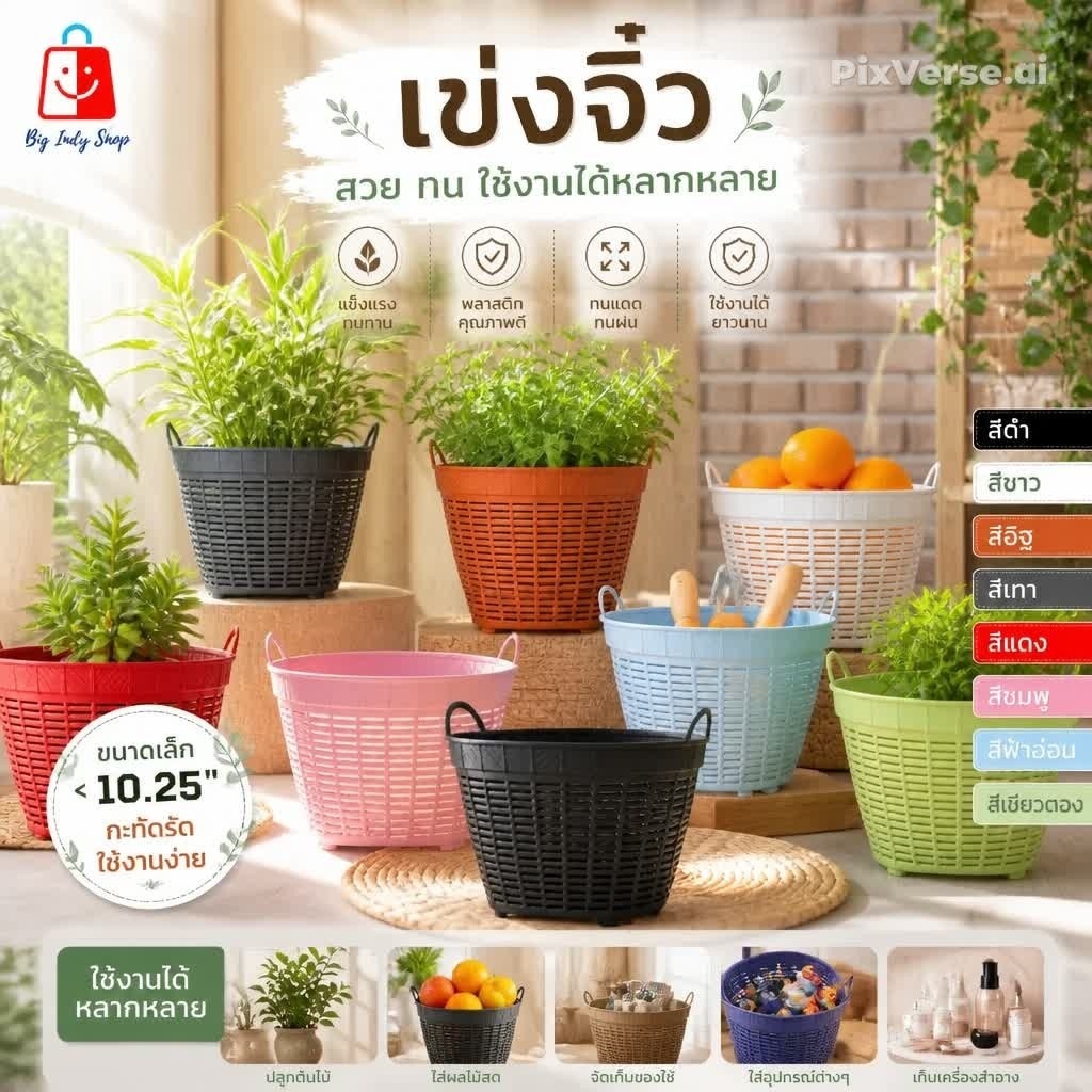 เข่งจิ๋ว ปากกว้าง 10.5 นิ้ว <จัดมาแบ 1 แพค มี 12 ใบ>เหมาะสำหรับปลูกต้นไม้ ใส่สิ่งของทั่วไป ได้เป็นอย่างดี <มีหลายสีให้เล