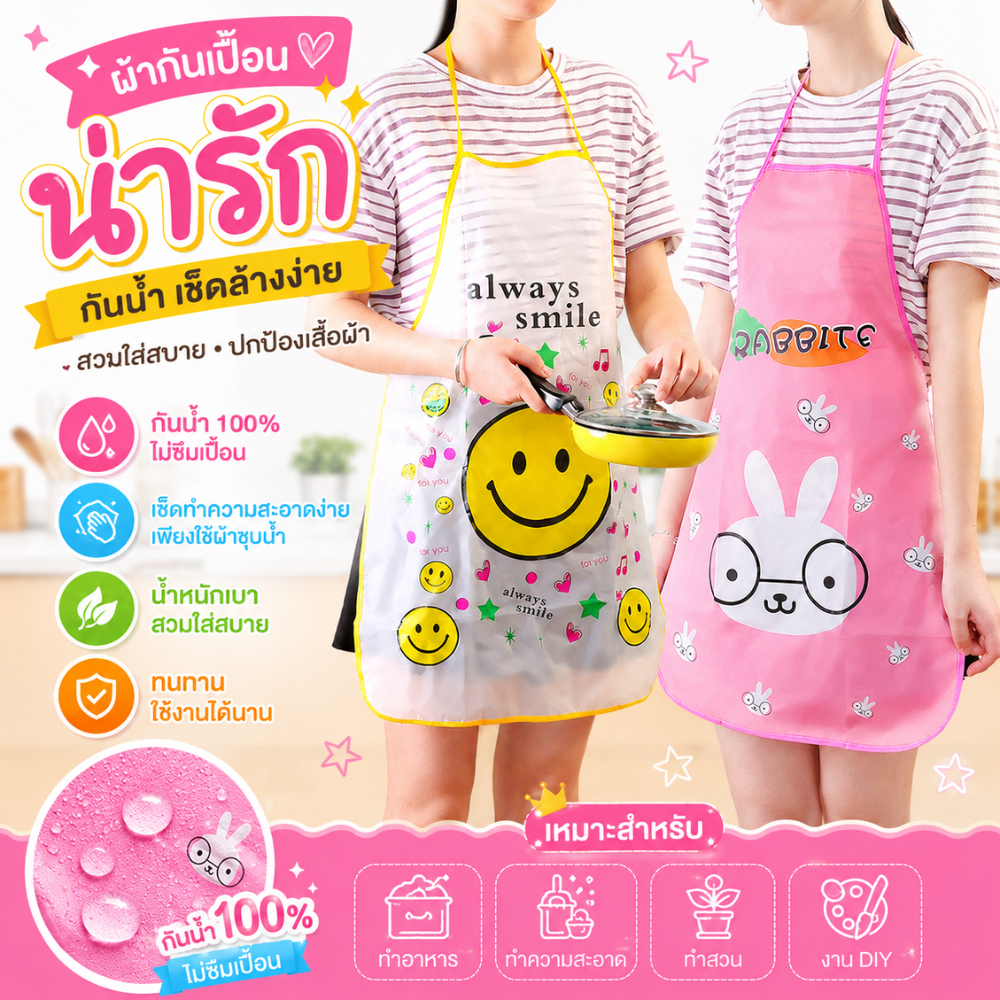 ส่งด่วน ผ้ากันเปื้อนกันน้ำ 100% ลายน่ารัก สไตล์มินิมอล ✨ ผ้ากันเปื้อนทำอาหาร เช็ดล้างง่าย สวมใส่สบาย ปกป้องเสื้อผ้า