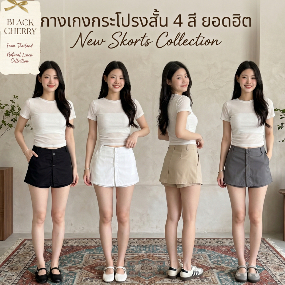 🖤กระโปรงกางเกงทรงเอ แต่งกระดุมหน้า มีซับในกันโป๊ สไตล์เกาหลี น่ารักแมทช์ง่าย Skort | Black Cherry