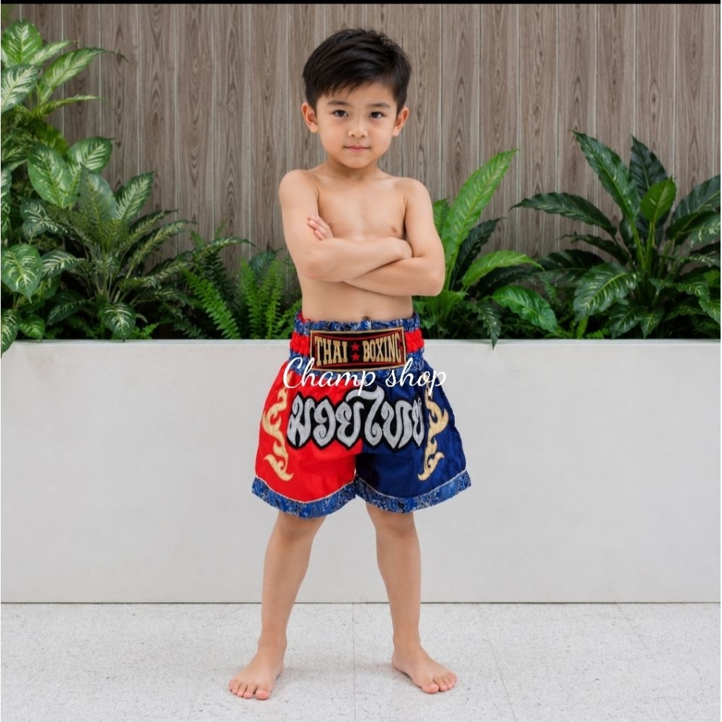 กางเกงมวยไทยเด็ก สองสี ลายไทยกนก ผ้าเนื้อดี ใส่สบาย พร้อมส่ง