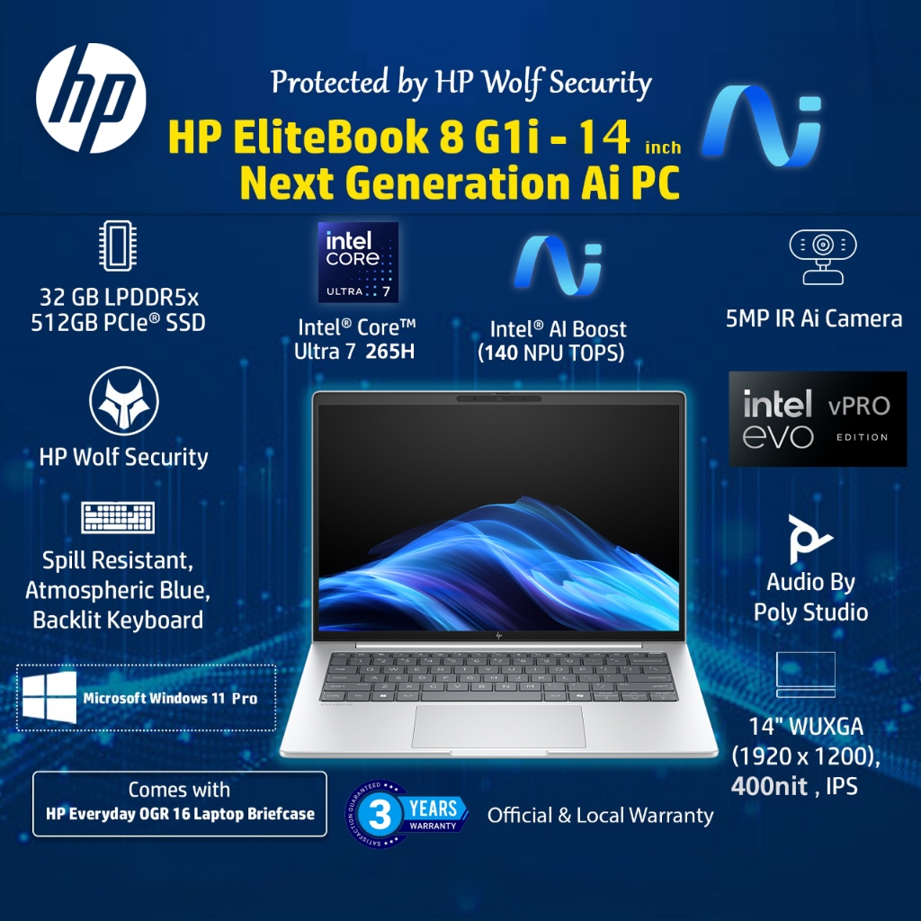 HP EliteBook 8 G1i 14 inch Next Gen Ai PC Intel Core Ultra 7 265H with NPU 140 TOP Ram 32G SSD 512G