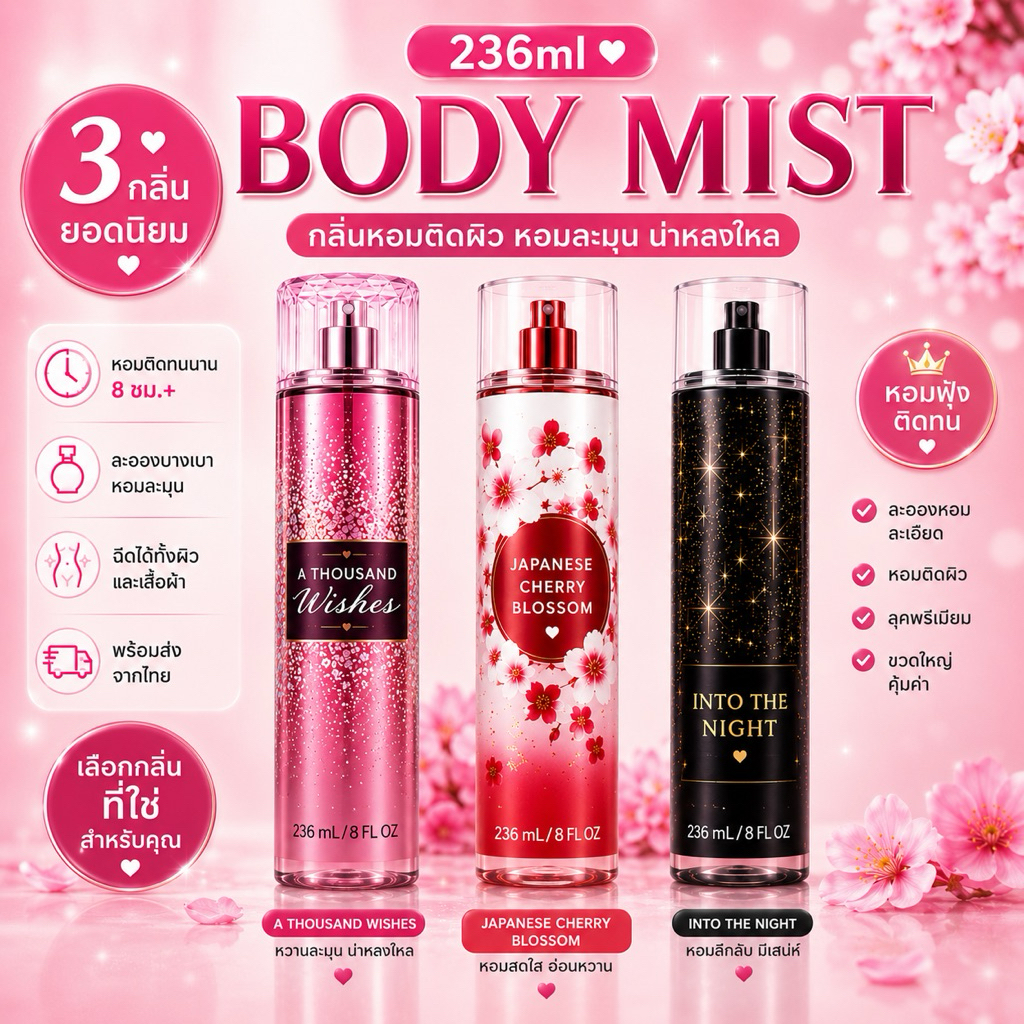Body Mist 236ml น้ำหอมมิสต์ผู้หญิง กลิ่นหอมติดผิว เลือกกลิ่นได้ พร้อมส่ง