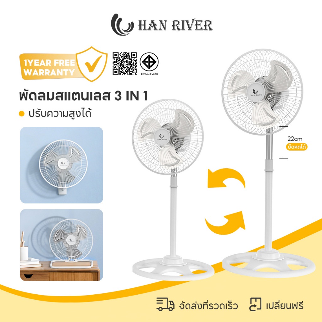 HAN RIVER พัดลมตั้งพื้น 3 in 1 พัดลมตั้งโต๊ะ ปรับความสูงได้ 10 นิ้ว พัดลม 3 ระดับ พัดลมสแตนเลส