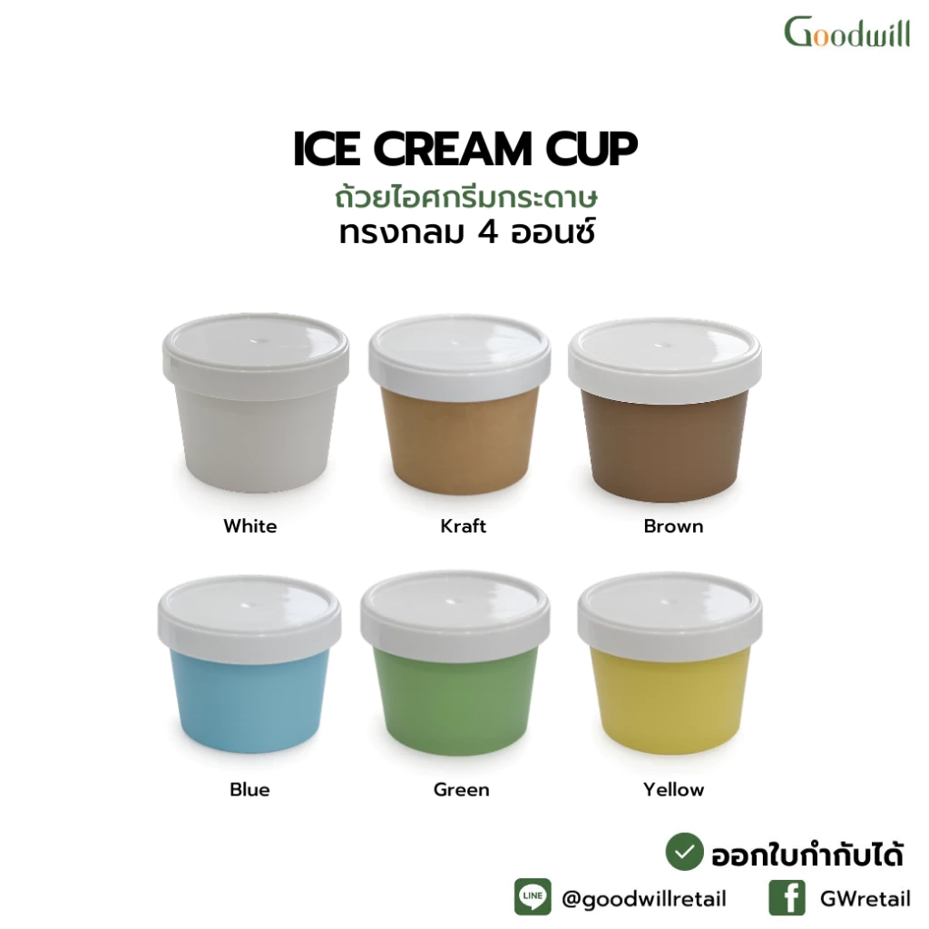 SET แพ็ก [500ชุด] ถ้วยไอศกรีมกระดาษทรงกลม 4oz + ฝา PP และช้อนใต้ฝา // ถ้วย 10 P + ฝา 10 P