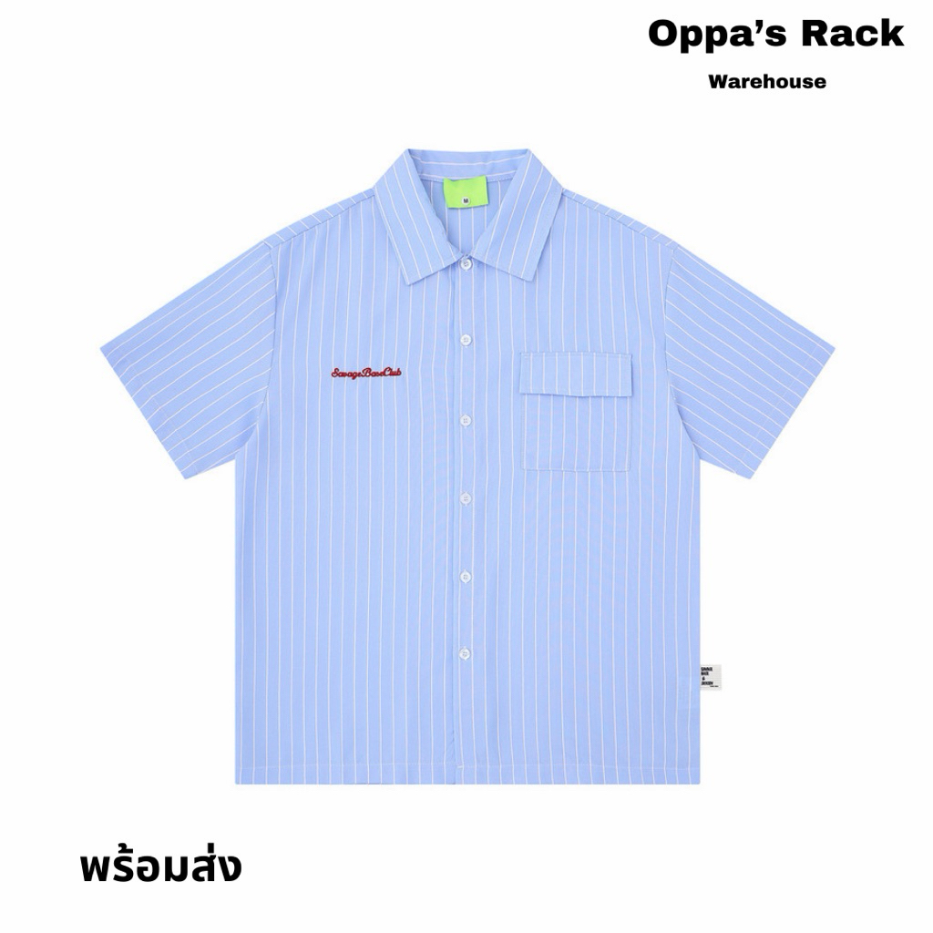 เสื้อเชิ้ตแขนสั้นสีฟ้าลายทางปักลาย รุ่น Club