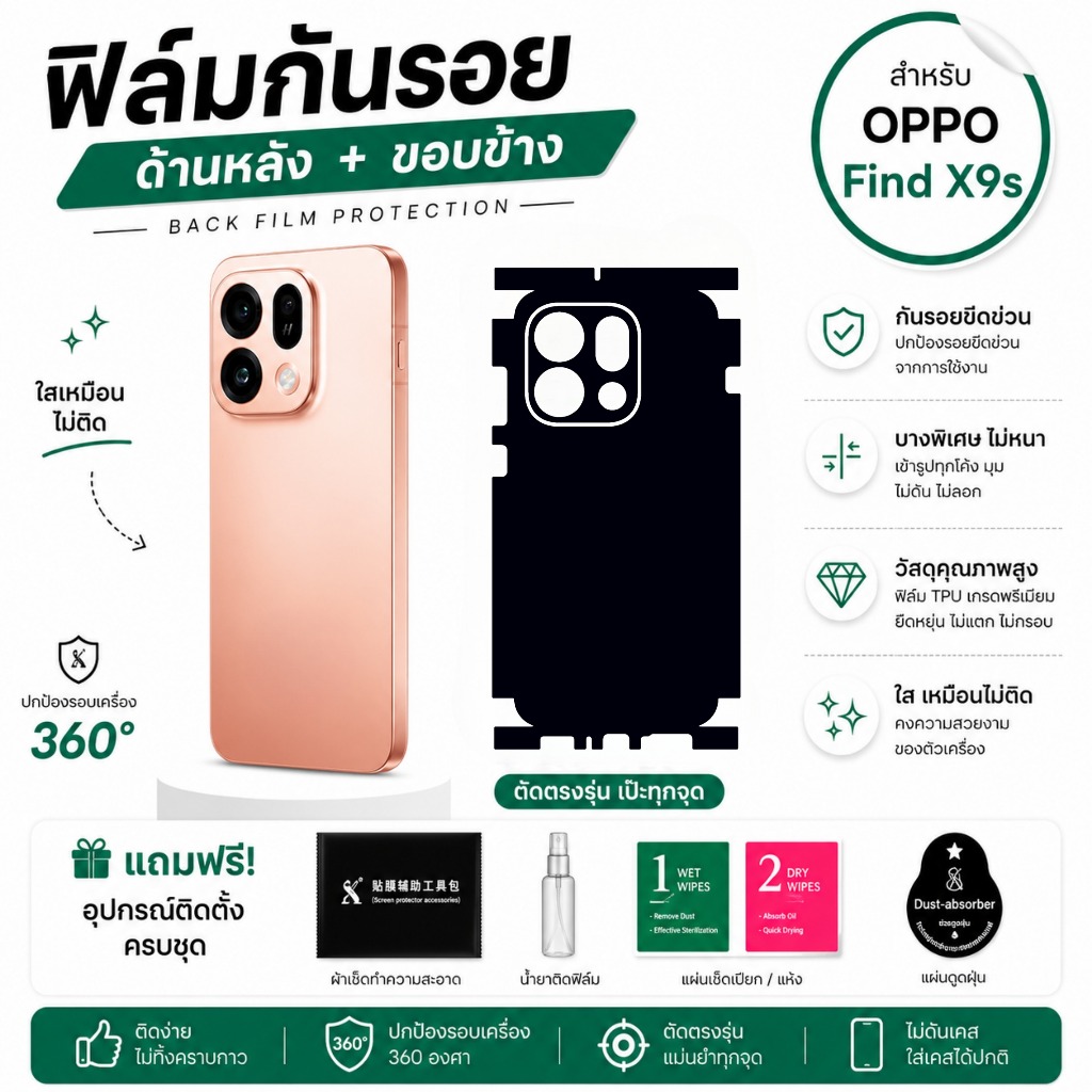 ฟิล์มกันรอยด้านหลังและขอบข้าง OPPO Find X9s | บางเบา ไม่อมความร้อน ติดแน่นไม่ดีดขอบ