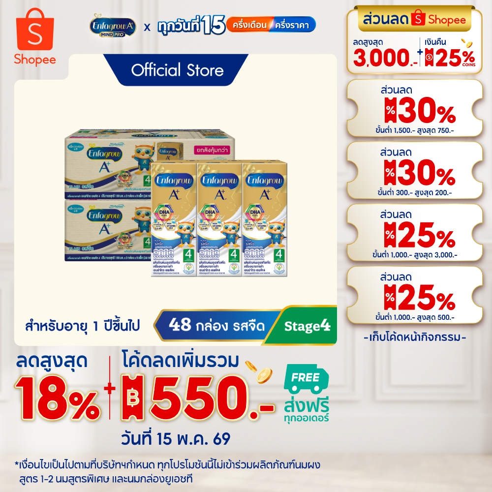นมกล่อง เอนฟาโกร ยูเอชที สูตร4 ชนิดจืด (24 กล่อง) x2 ลัง Enfagrow UHT Stage4 Plain (24 boxes) x2 cas