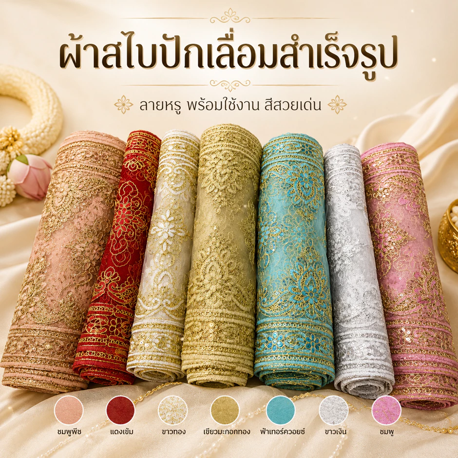 ผ้าสไบสำเร็จรูป สไบลูกไม้ปักเลื่อม เกร็ดทอง ขายเป็นชุด
