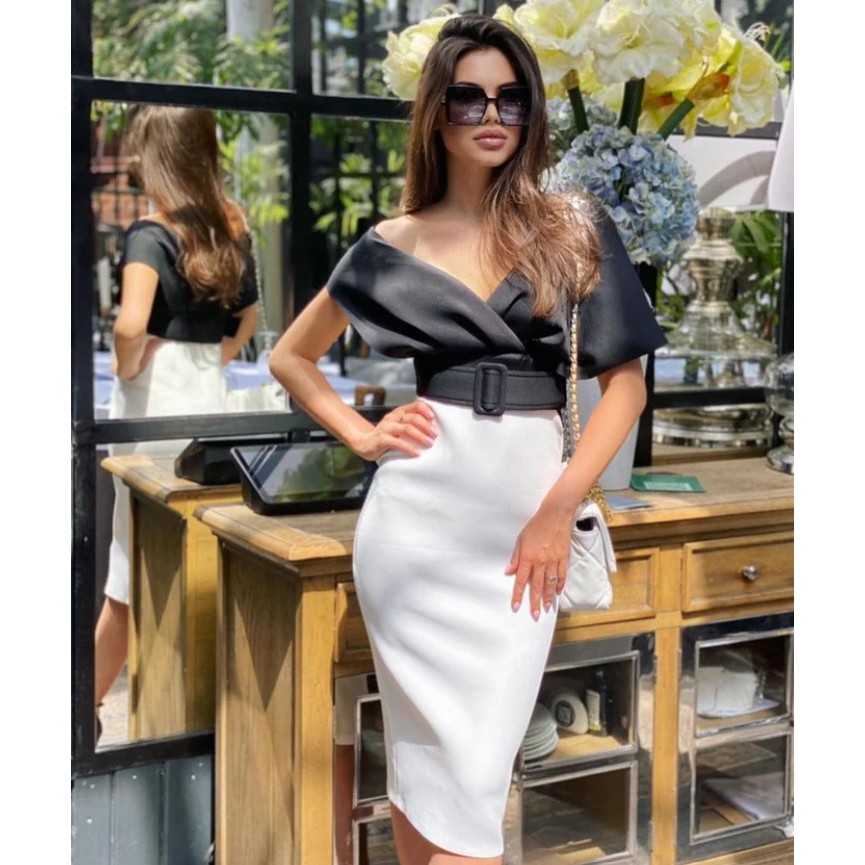 Off The Shoulder Belt Midi Dress HV7760