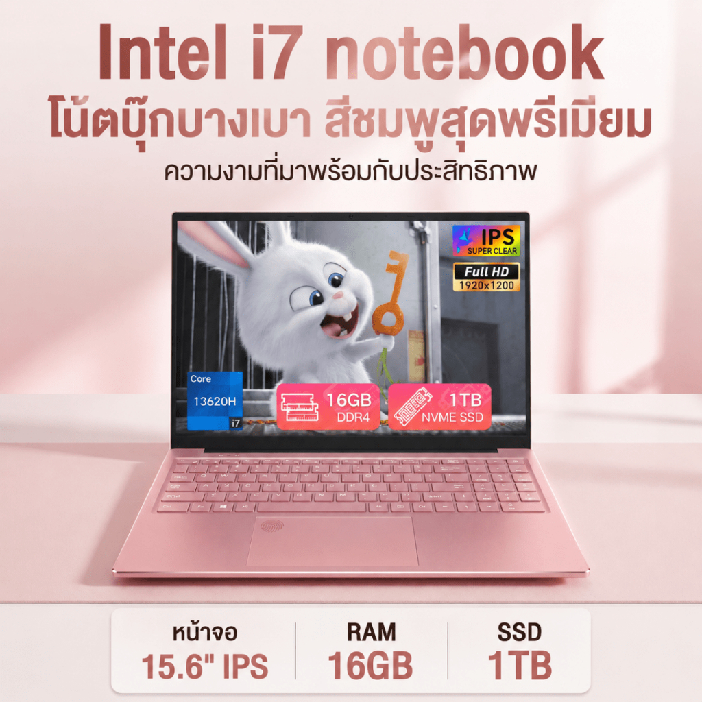 New 2026 โน้ตบุ๊ก15.6 นิ้ว หน้าจอ IPS Intel Core i7 RAM 16GB/32GB SSD 1TB ปลดล็อกลายนิ้วมือ สีชมพู รับประกัน 2 ปี COD