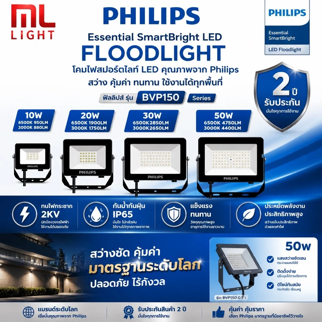 PHILIPS โคมไฟฟลัดไลท์ LED Floodlight รุ่นBVP150 ขนาด10W 20W 30W 50W แสงขาว 6500K โคมสปอตไลท์ 220v ไฟบ้านโคมไฟสนาม
