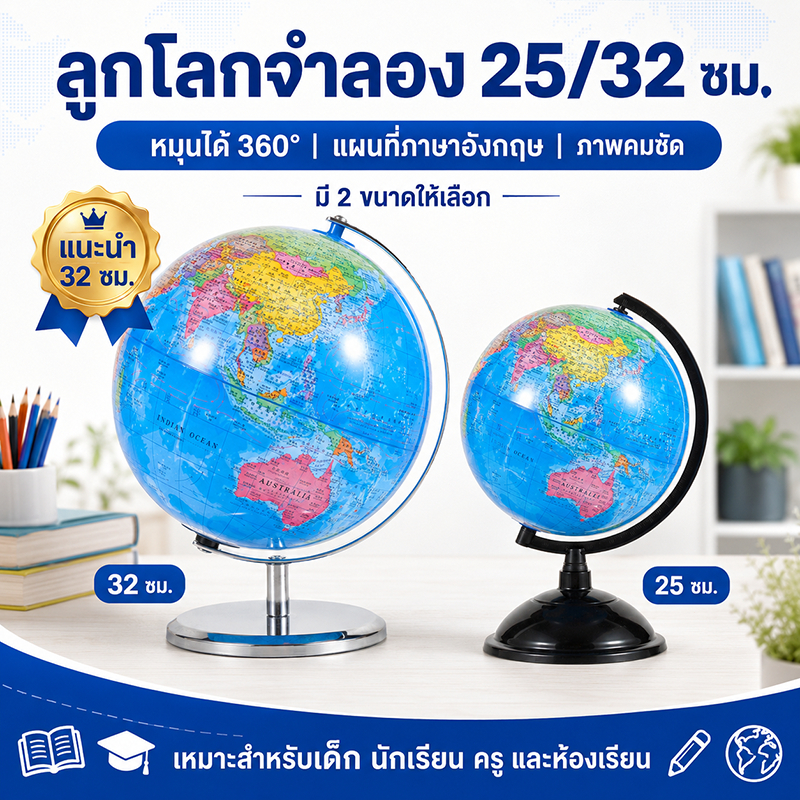ลูกโลกจำลอง 25/32 ซม. แผนที่ภาษาอังกฤษ หมุนได้ 360° สื่อการสอนภูมิศาสตร์ จัดส่งจากกรุงเทพฯ