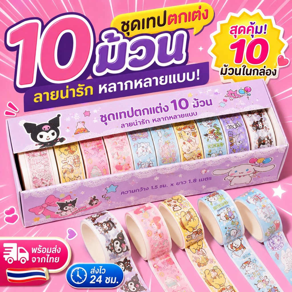 สติกเกอร์เทปวาชิ ลายการ์ตูน Sanrio Kuromi Mymelody น่ารัก สําหรับตกแต่งสมุด DIY 10 ม้วน ต่อกล่อง
