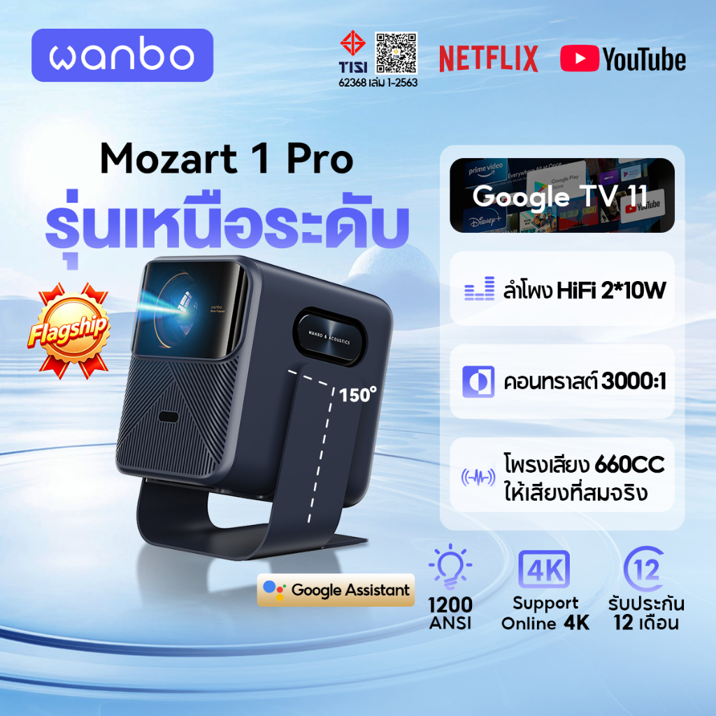 [24H ส่งทันที] Wanbo Mozart 1 Pro 1200 ANSI Projector Netflix 4K ออนไลน์ โปรเจคเตอร์ Google TV OS AS