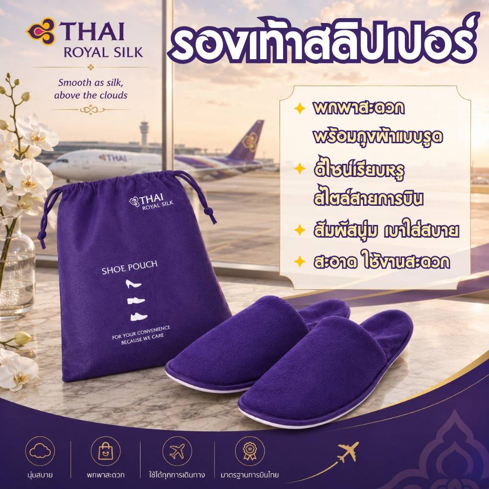 รองเท้าสลิปเปอร์ การบินไทย Slippers ฟรีไซส์ พร้อมถุงผ้าแบบรูด เหมาะสำหรับพกพา เดินทาง ใช้งานในบ้าน ใส่สบาย นุ่มพิเศษ  #ร