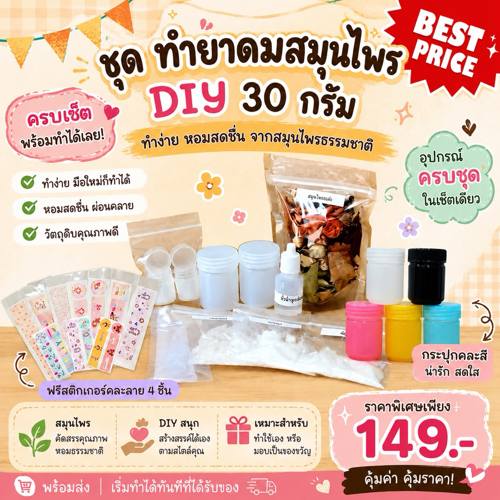 DIY ชุดทดลองทำยาดมสมุนไพร50 กรัมทำได้ 2-4 กระปุก อุปกรณ์ครบชุดฟรีกระปุกยาดม พร้อมวิธีทำอย่างละเอียด