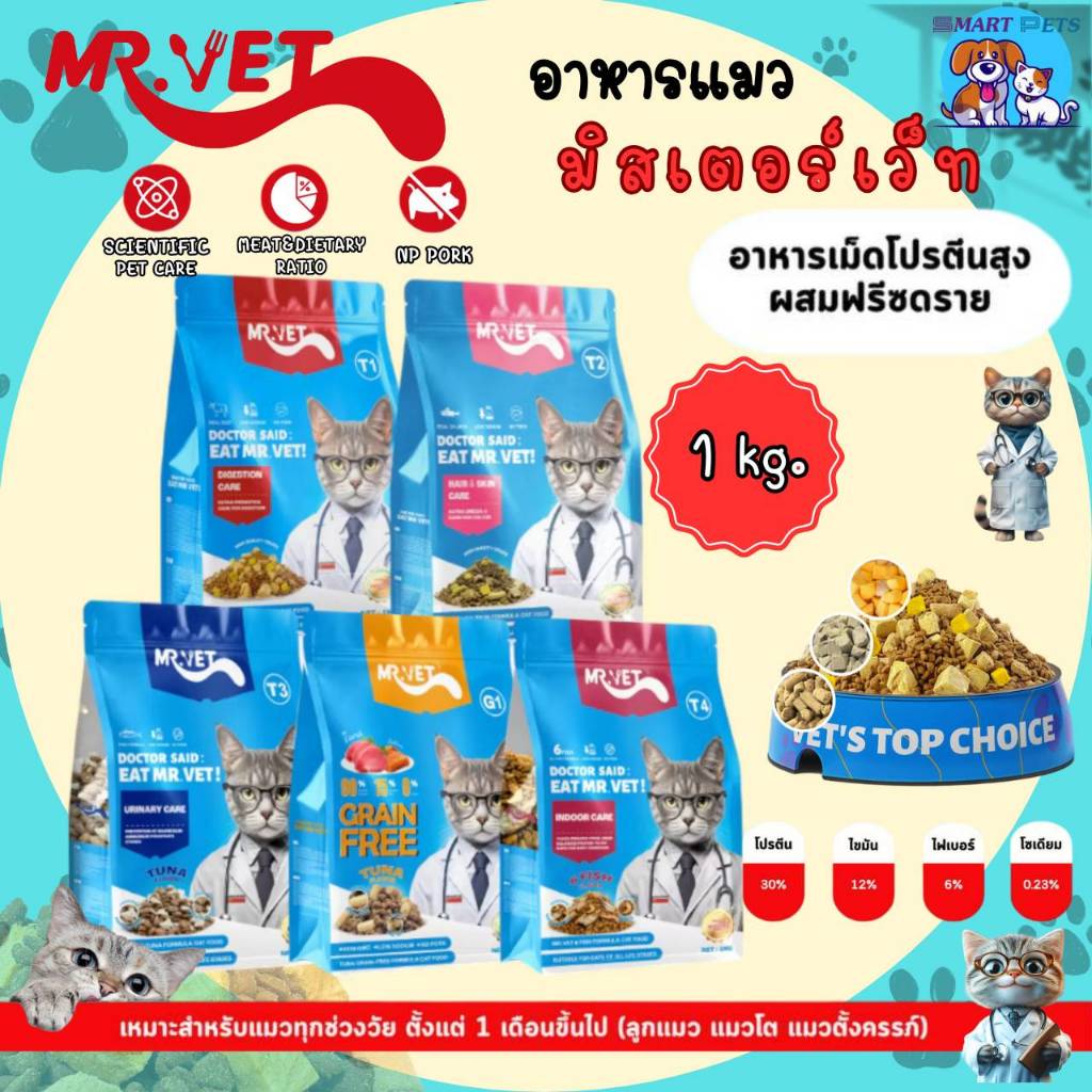 Mr.Vet อาหารเม็ดแมว Holistic มิสเตอร์เวท ขนาด 1 KG เหมาะสำหรับแมวทุกช่วงวัย