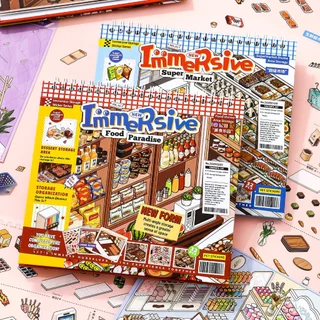 สมุดสติกเกอร์ฉากจิ๋วแบบ immersive DIY ลายมินิมาร์ทและบ้านการ์ตูน สำหรับตกแต่งสมุด ของเล่นเสริมทักษะเด็ก
