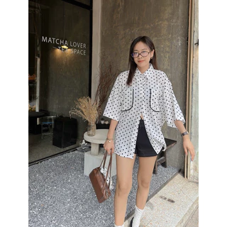 𝐁𝐔𝐁𝐁𝐋𝐄 𝗦𝗛𝗜𝗥𝗧 เสื้อเชิ้ตโอเวอร์ไซส์ อกหน้าผ้า 50“ ลายจุด Polka dots กระเป๋าคู่ กระดุมหน้า-หลัง