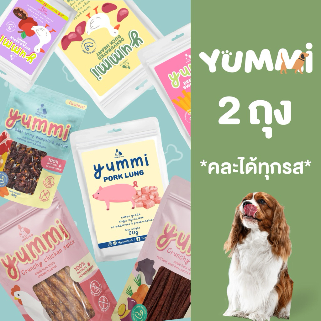 [แจ้งรสชาติในหมายเหตุ] ขนมสุนัข Yummi โปร 2 ถุง ขนมสุนัขเพื่อสุขภาพทำจากเนื้อสัตว์และผัก100%