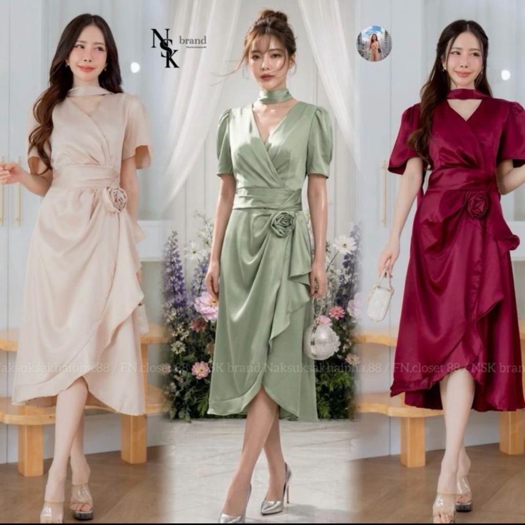(( 3100 )) พร้อมส่ง ชุดเดรสสั้น (มีผ้าพันคอ) ออกงาน สวยหรู แขนสั้น พรางงหุ่นได้ดี (ป้าย NSK brand)