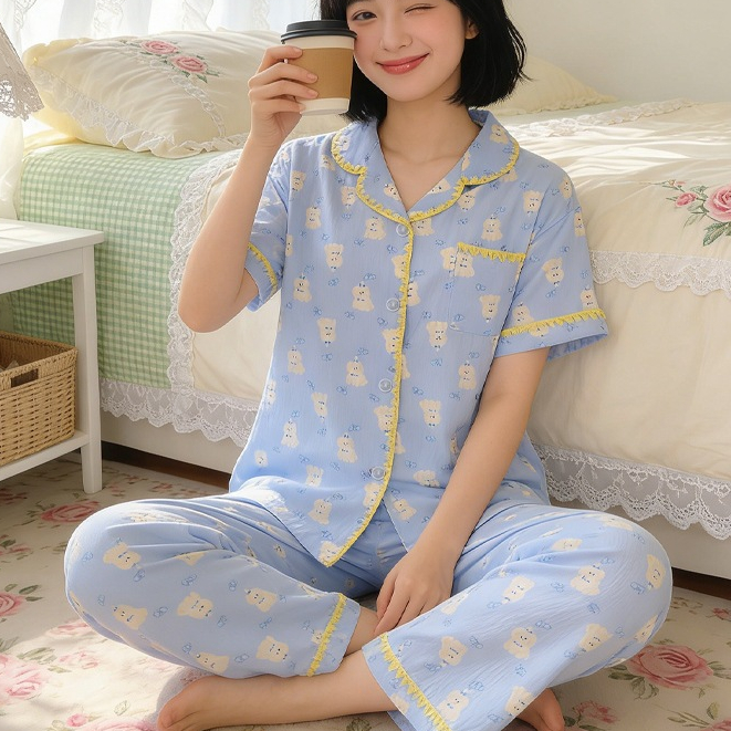 ชุดนอนแขนสั้น-ขายาว งานไหมญี่ปุ่นน่ารัก พร้อมส่ง ขนาดฟรีไซด์