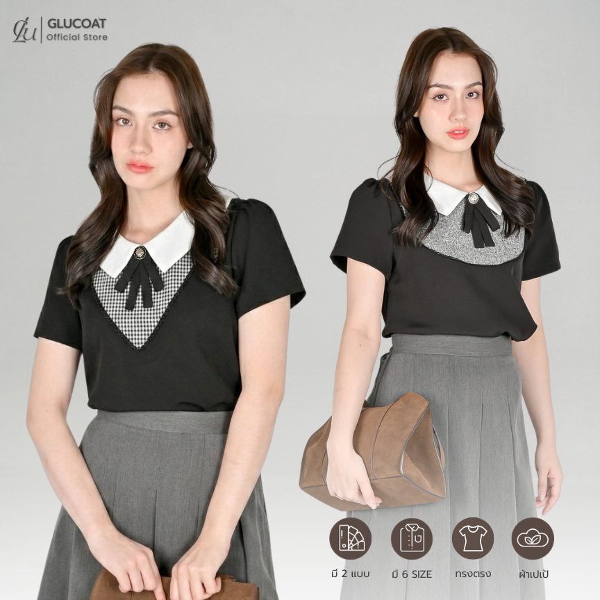 Glucoat | [A220/U722] เสื้อแขนสั้นสีดำคอปก แต่งโบว์เข็มกลัด ซิปหลังยาว