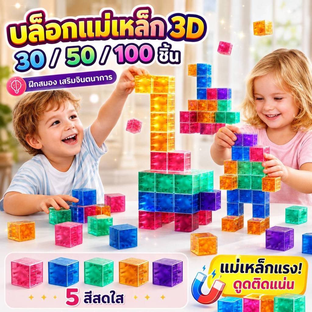 KiKi ตัวต่อแม่เหล็ก 3D ลูกบาศก์ 30/50/100 ชิ้น ของเล่น STEM ฝึกสมองเด็ก ของขวัญเด็ก พร้อมส่ง
