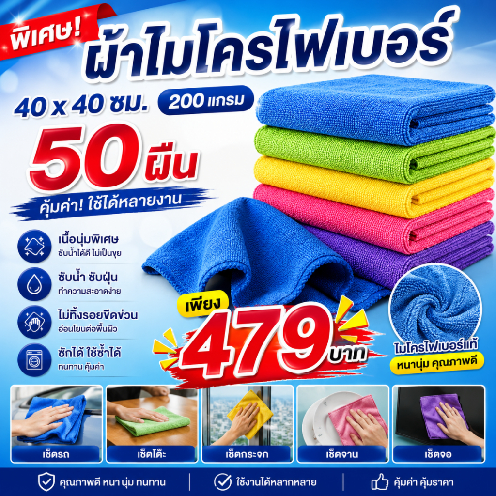ผ้าไมโครไฟเบอร์ 40x40 ซม. หนา 200 แกรม (เซ็ต 50 ผืน) คุ้มสุดสำหรับงานทำความสะอาด